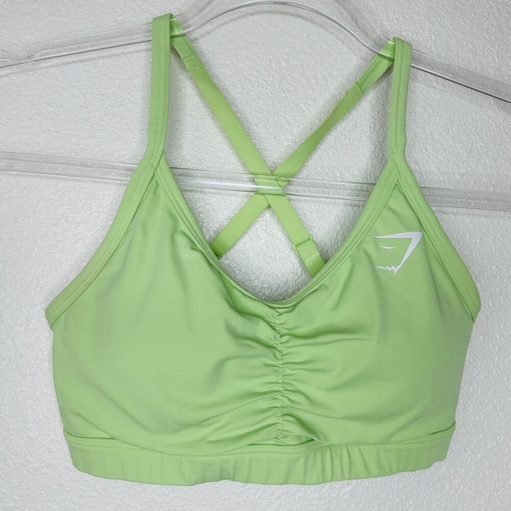 Gym Shark Yellow Green Ruched Racer Back Padded Sports Bra XS - Picture 1 of 11